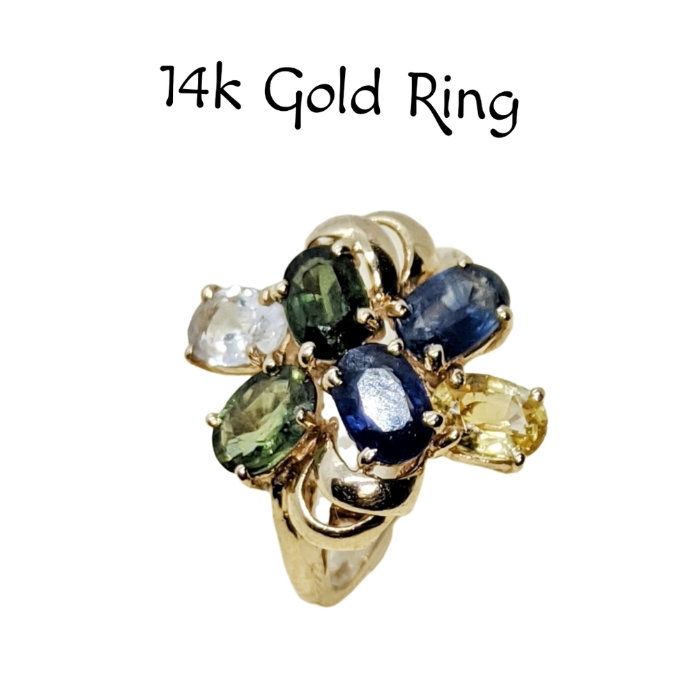 14k Gold ~ Asymmetrical Ring with Peridot, Sapphire, Topaz, Citrine, & Z… - Picture 5 of 7